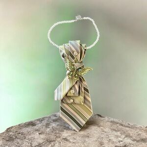 Designer-Inspired Green Striped Men's Neck Tie with Butterfly Pin